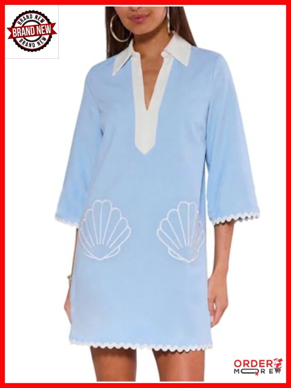 100% Cotton Embroidered Loose Mini Dress, Boho V-Neck 3/4 Sleeve Wave Trim